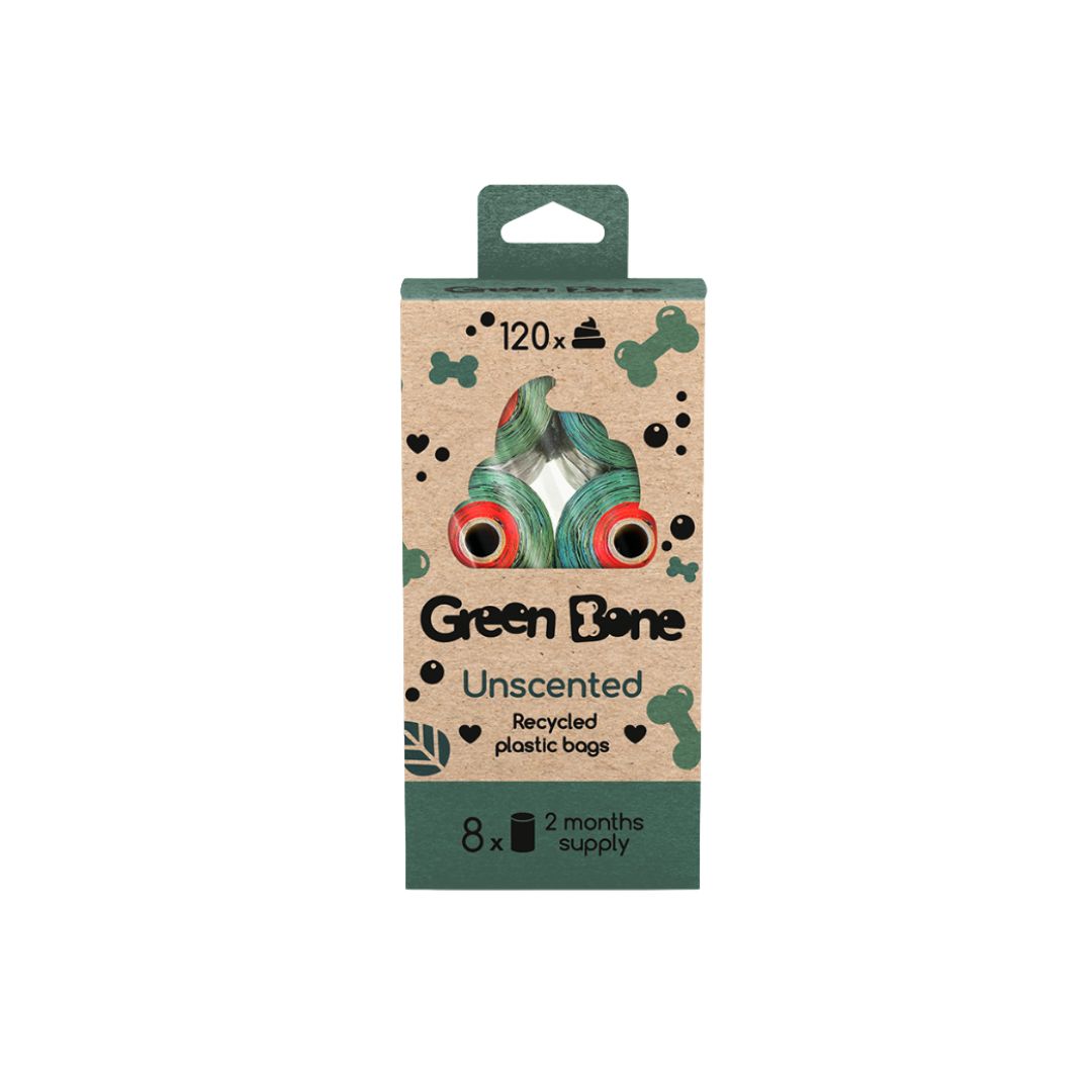 Perdirbto plastiko maišeliai šunų ekskrementams "Green Bone Unscented" (bekvapiai)