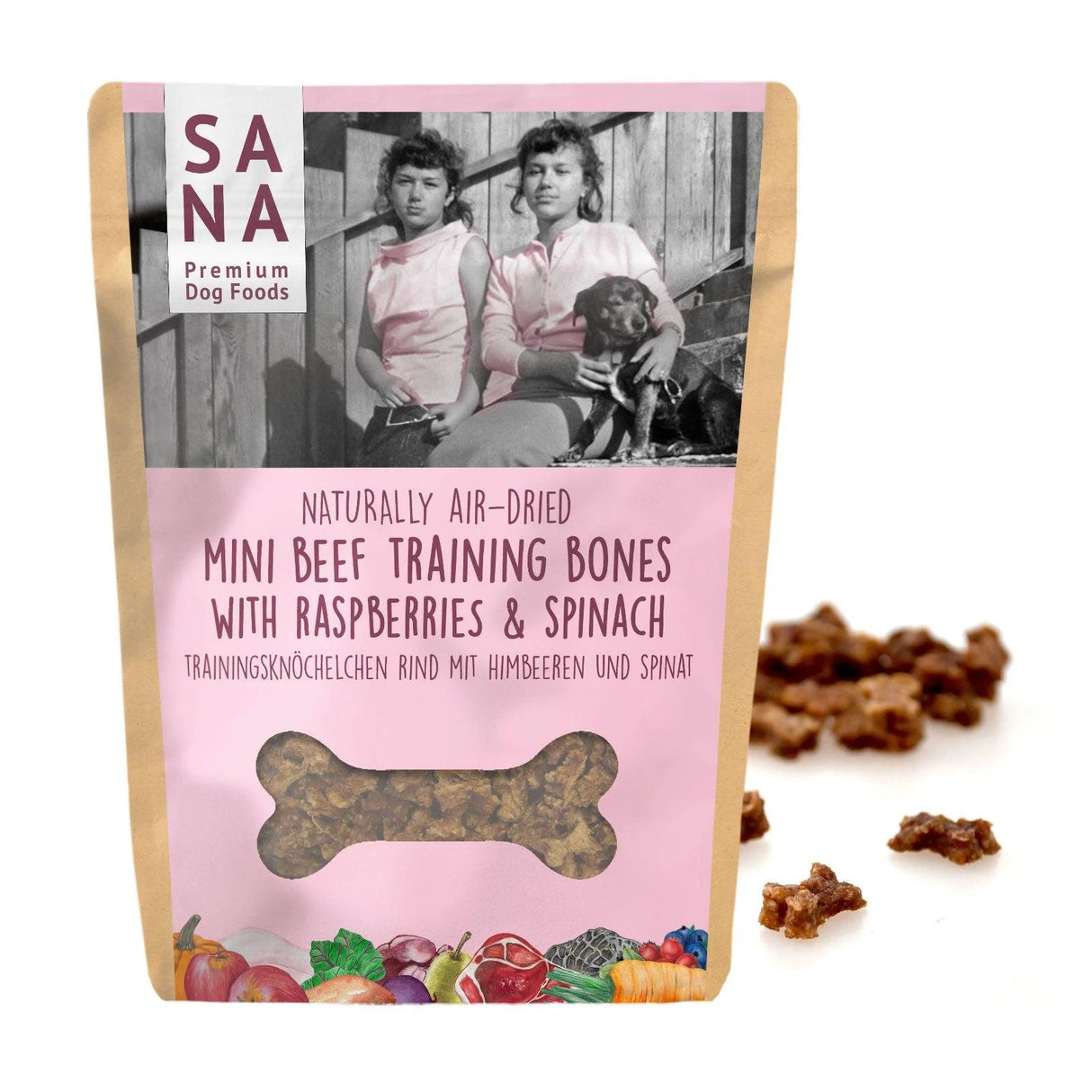 Treniruočių skanėstai šunims mini kauliukai Sana Dog su jautiena, avietėmis ir špinatais