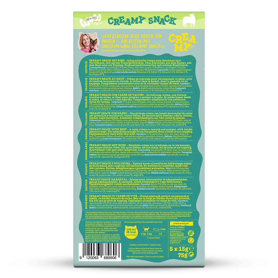 Wow Cat Creamy Snack kreminis skanėstas katėms su jautiena