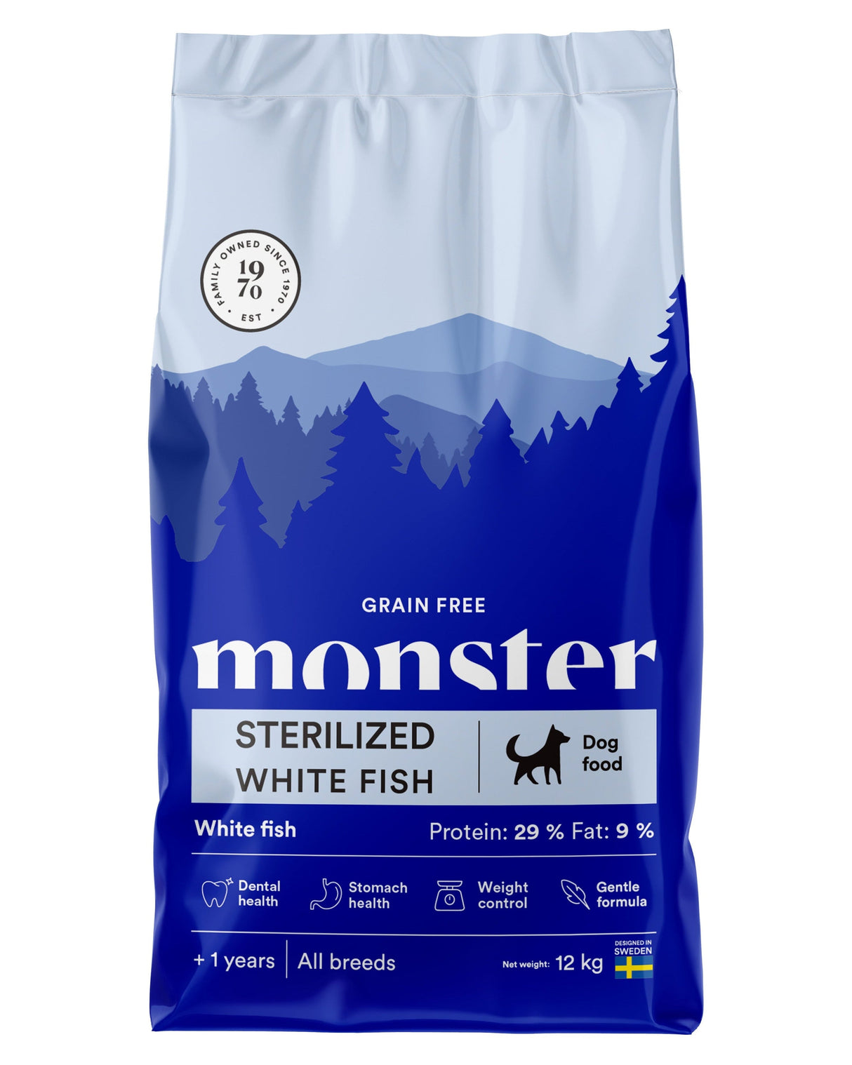 Monster Grain Free Sterilized maistas sterilizuotiems šunims su balta žuvimi
