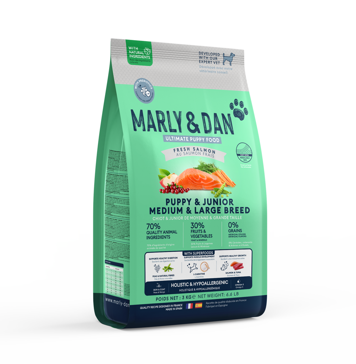 Marly & Dan sausas maistas jauniems šuniukams su lašiša Puppy Junior Medium and Large Breed