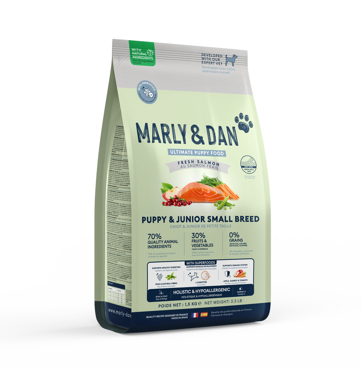 Marly & Dan sausas maistas jauniems šuniukams su lašiša Puppy Junior Small Breed