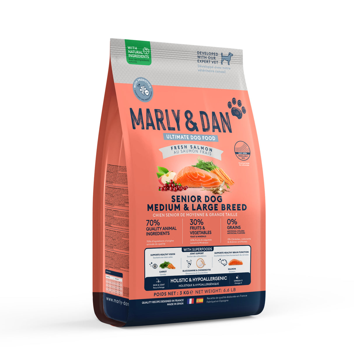 Marly & Dan sausas maistas vidutinių-didelių veislių šunims senjorams su lašiša