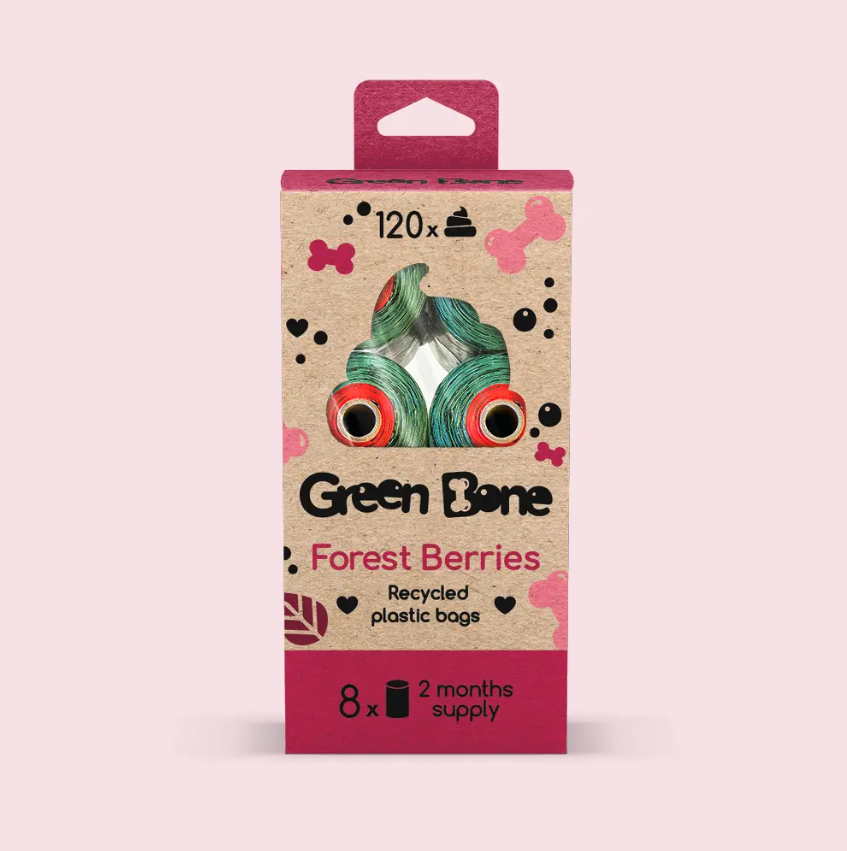 Perdirbto plastiko maišeliai šunų ekskrementams "Green Bone Forest Berries" (miško uogų kvapo)