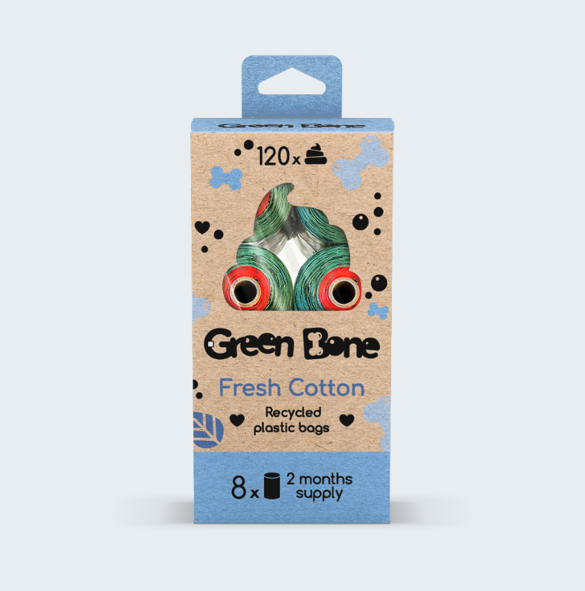 Perdirbto plastiko maišeliai šunų ekskrementams "Green Bone Fresh Cotton" (medvilnės kvapo)