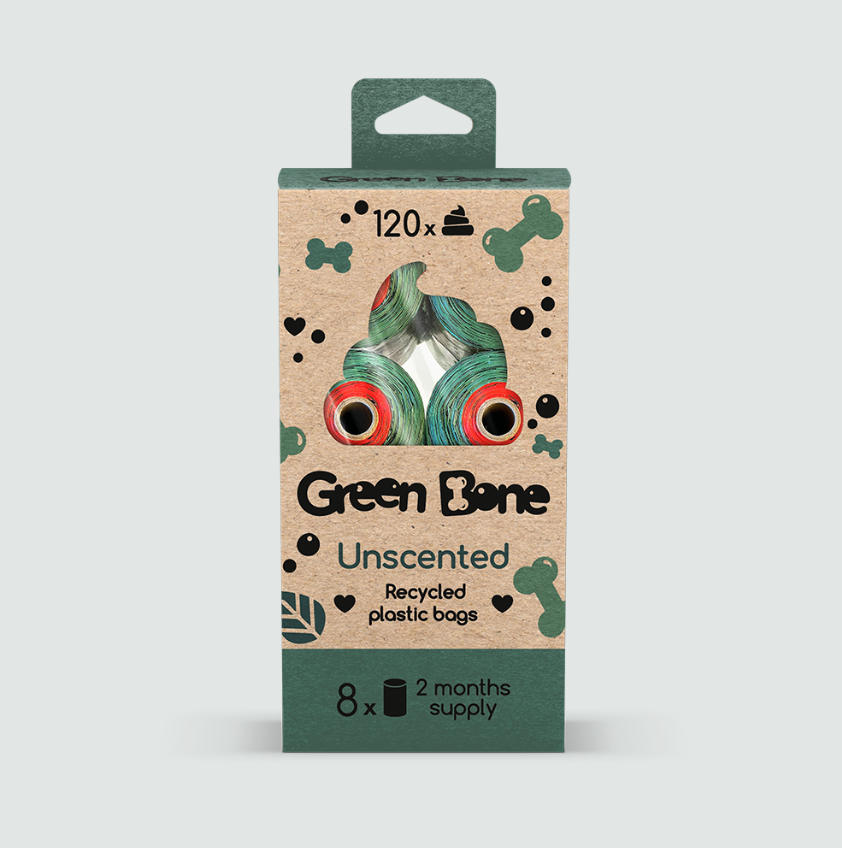 Perdirbto plastiko maišeliai šunų ekskrementams "Green Bone Unscented" (bekvapiai)