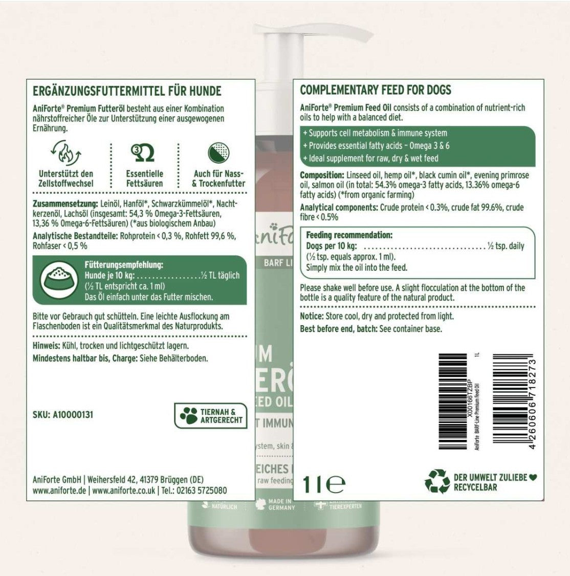 Maisto papildas šunims - aliejus žaliai mitybai papildyti "Aniforte Premium Feed Oil"
