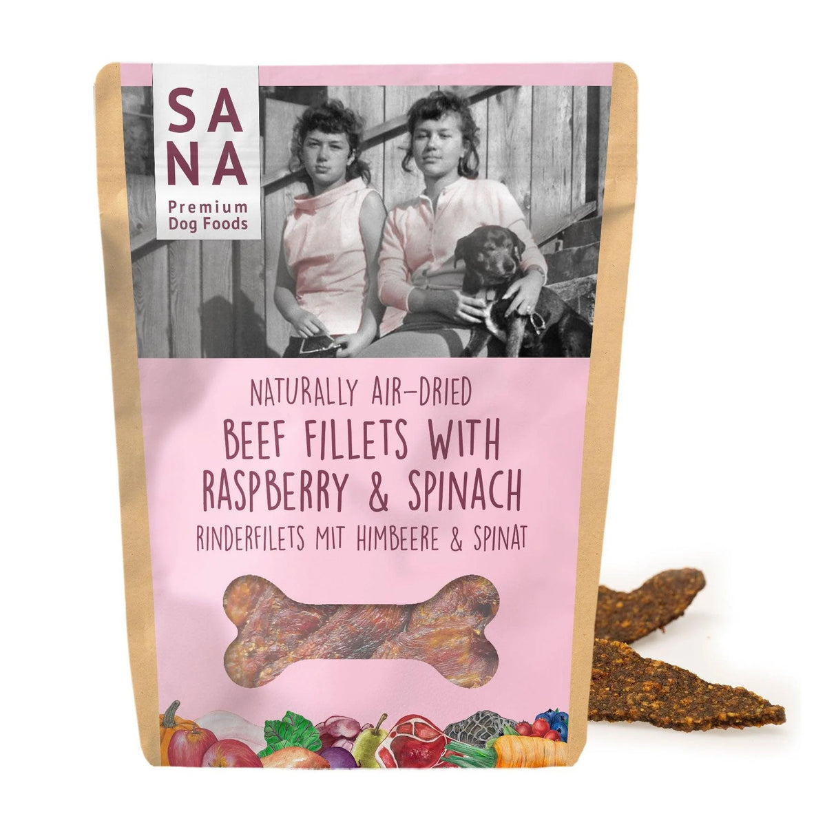 Dog treats air-dried beef chunks Sana Dog with raspberries and spinach