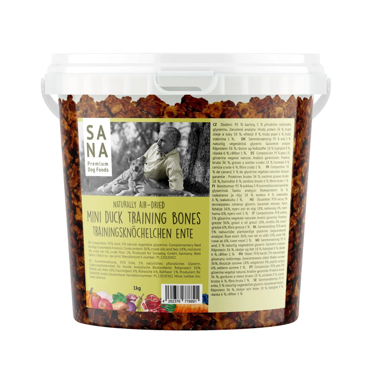 Treniruočių skanėstai šunims mini kauliukai su antiena kibirėlyje Sana Dog