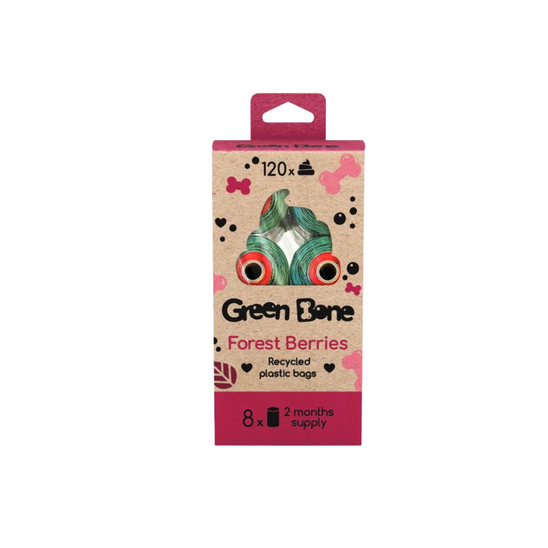 Perdirbto plastiko maišeliai šunų ekskrementams "Green Bone Forest Berries" (miško uogų kvapo)