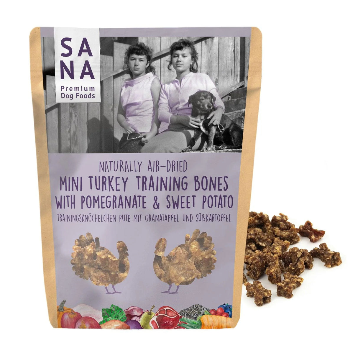 Treniruočių skanėstai šunims mini kauliukai Sana Dog su kalakutiena, granatais ir batatais