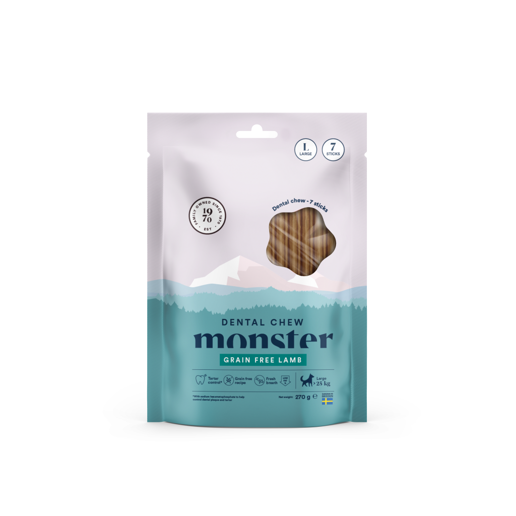 Kramtomosios dantų priežiūros lazdelės šunims su ėriena Monster Dental Chew