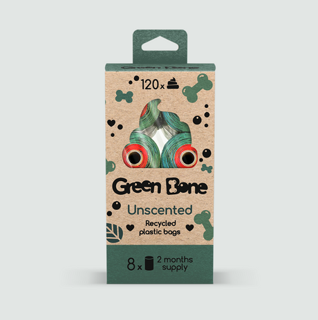 Perdirbto plastiko maišeliai šunų ekskrementams "Green Bone  Unscented" (bekvapiai)