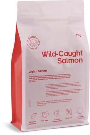 Buddy Wild-Caught Salmon begrūdis sausas maistas vyresniems ir mažiau aktyviems šunims su lašiša